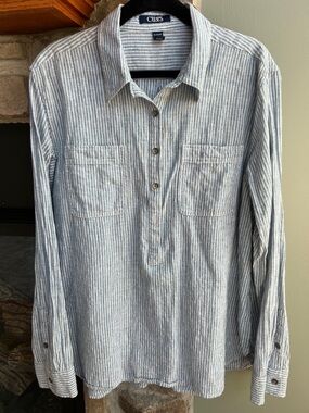 Chaps Blue/White Striped Casual half Button-Down linen blend Shirt w pockets